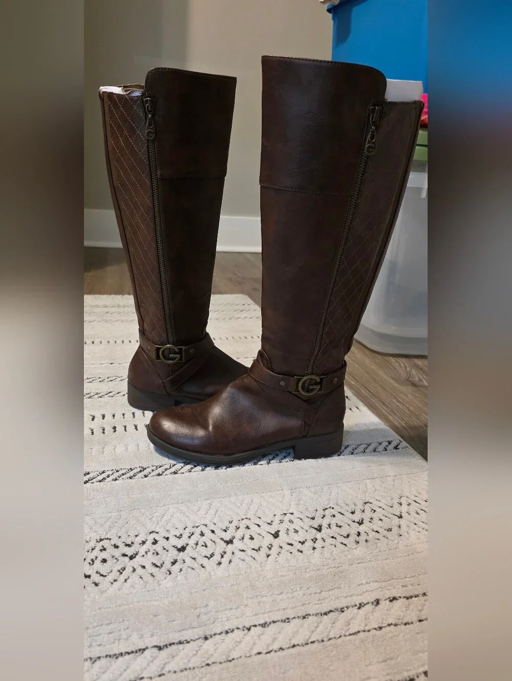 GUESS Women's Brown Leather Riding Boots with Signature 'G' Buckle Size 7.5